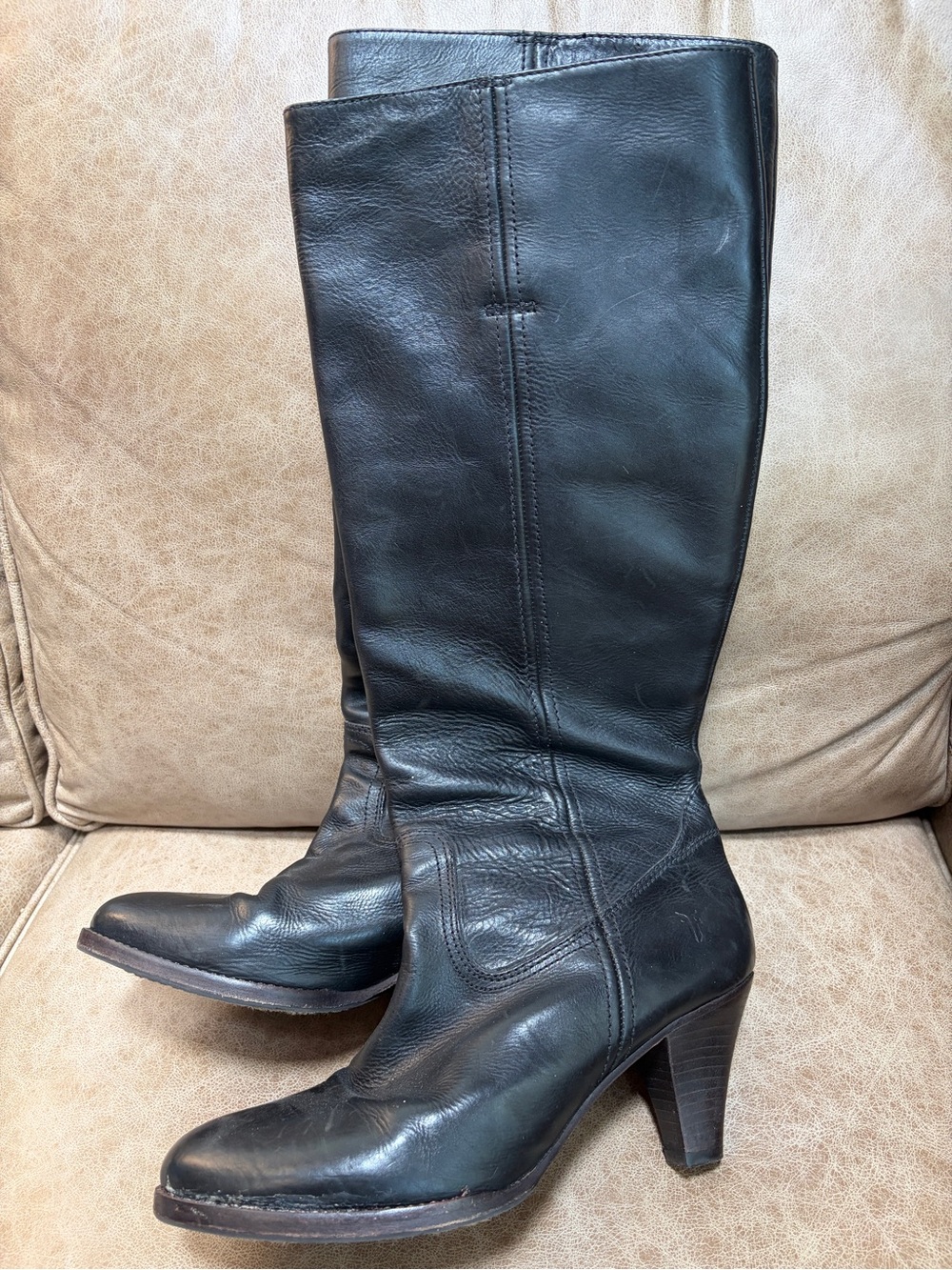 Frye Black Leather Tall Heeled Boots